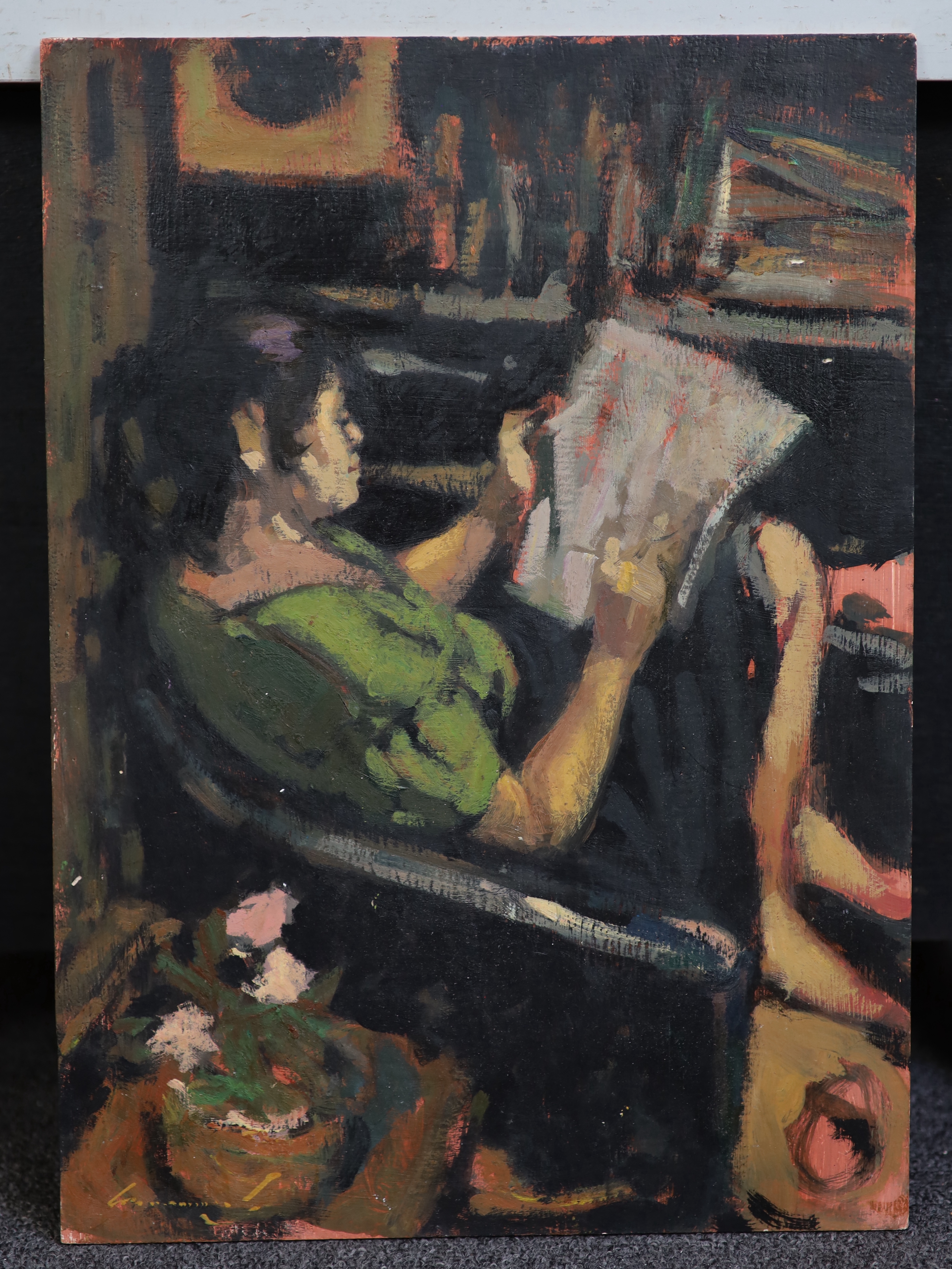 Ken Moroney (1949-2018), oil on board, Seated woman reading a newspaper, signed, 39 x 28cm, unframed